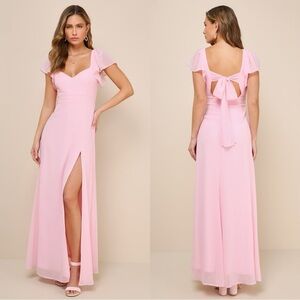 NWOT Lulus Simply Delightful Pink Tie-Back Flutter Sleeve Maxi Dress